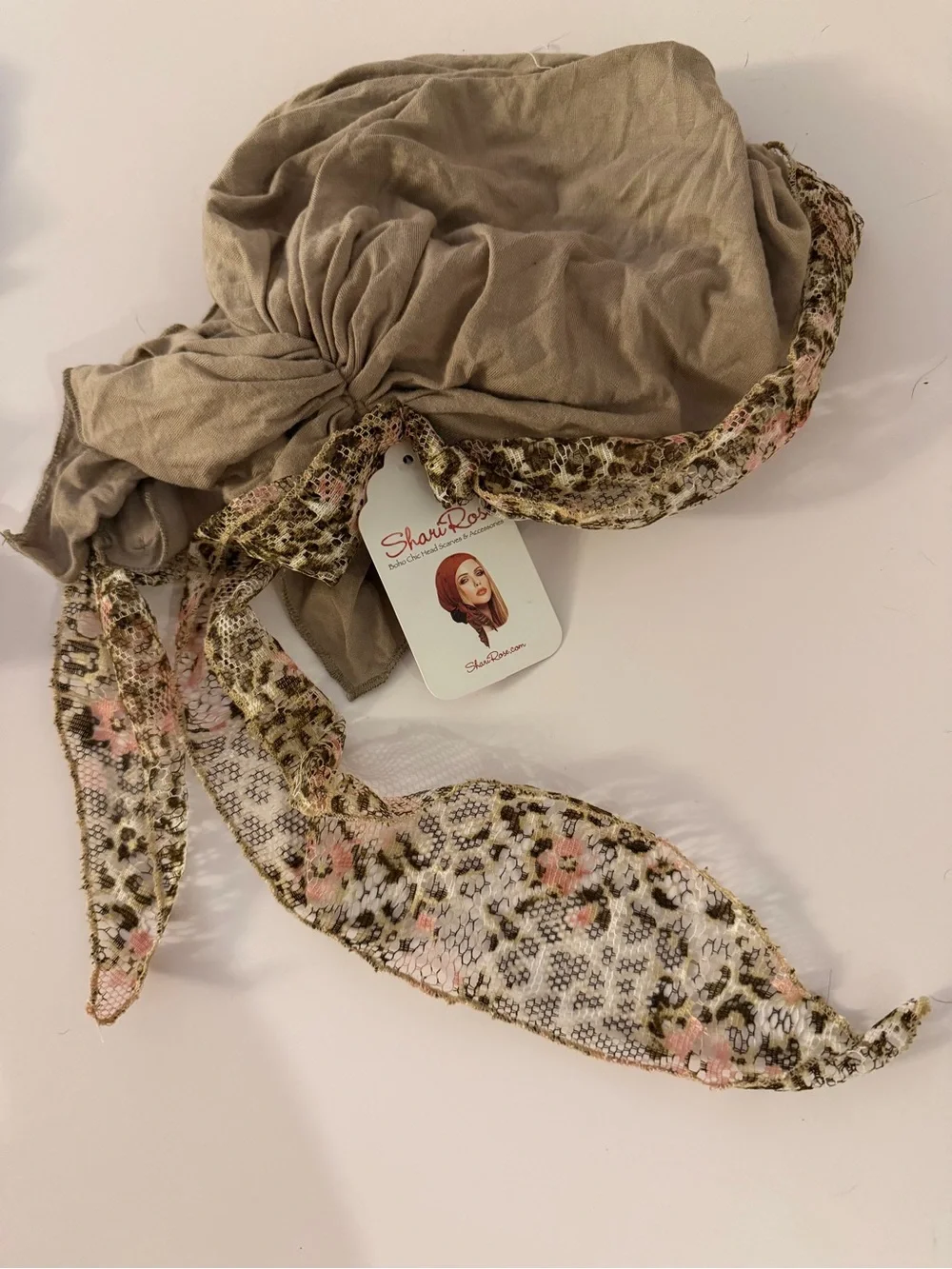 Sharirose Beige Floral Lace Headscarf Wrap - still available on website!